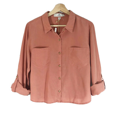 NWT Thread and Supply Cropped Shirt Top Button Down Long Roll Up Sleeves Sz L