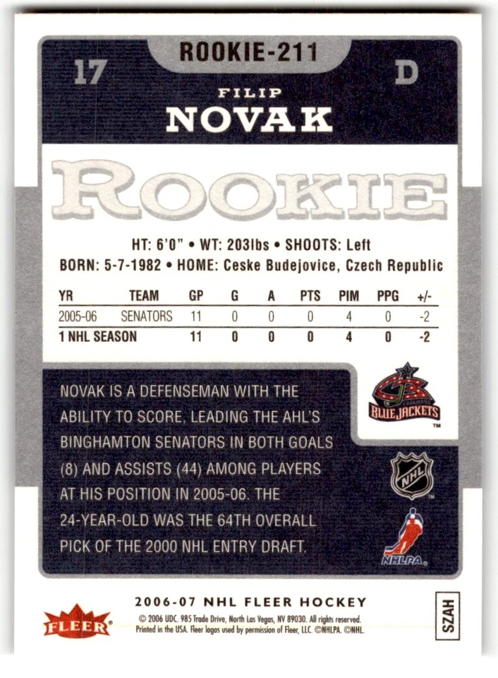 Filip Novak 2006-07 Fleer Rookie #211 Columbus Blue Jackets - Image 2 of 2