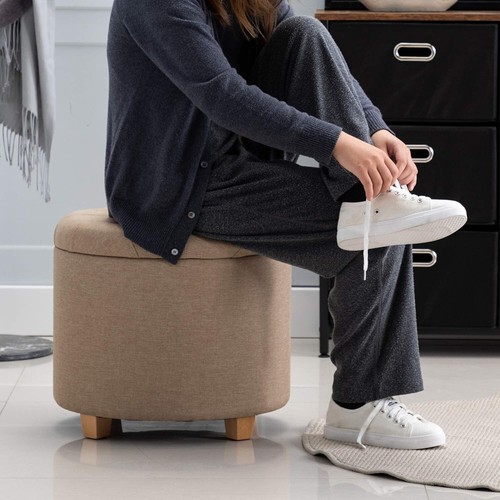 HNNHOME 45cm Round Linen Ottoman Storage Stool Box, Footstool Pouffe - Picture 3 of 12
