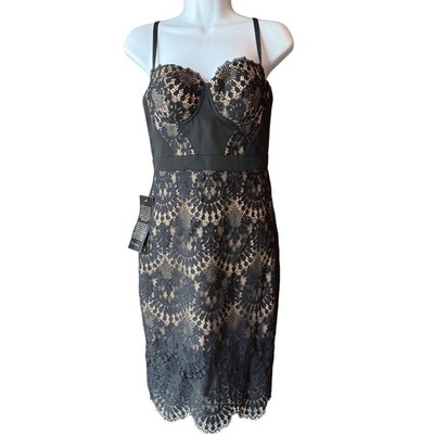 Bebe Lace Bustier Dress Womens Size 2 Black Nude Bodycon Strap Party New