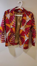 Red Orange Brown African Wax Cloth Kente Blazer Jacket Sz M Ethnic Chic