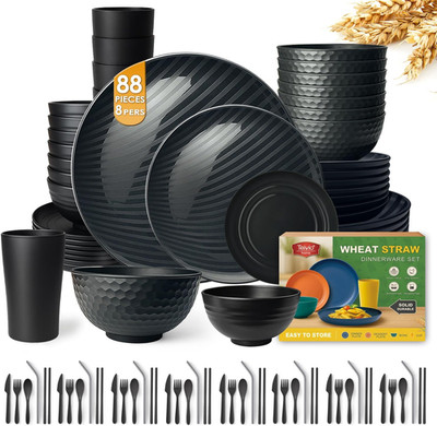 88-Piece with Flatware Kitchen Plastic Wheat Straw Dinnerware Set for 8, Dinner/