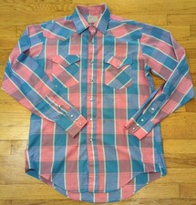Vtg H Bar C Shirt Mens Pink Blue Plaid Western Pearl Snap Ranchwear Long Tail