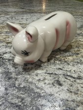 Ancienne jolie tirelire figurative en porcelaine céramique blanche/rose 5,5"