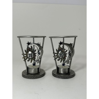 Vintage Celestial Sun Moon Metal Tea Light Candle Holders Pair Pewter Tone Star