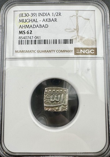 India Mughal Akbar Ahmadabad Mint 1556-1605 Square Half Rupee, NGC MS62 TopPop