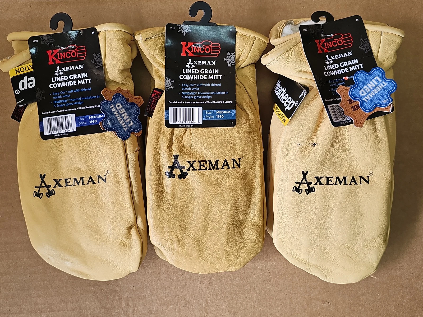 3 Pair Kinco Axeman 1930 Grain Cowhide Leather Mitts, Thermal Insulated, Medium