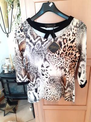 BRIAN RENNIE Shirt, animal, beige, creme, schwarz, Gr.36/38, UVP 119,-