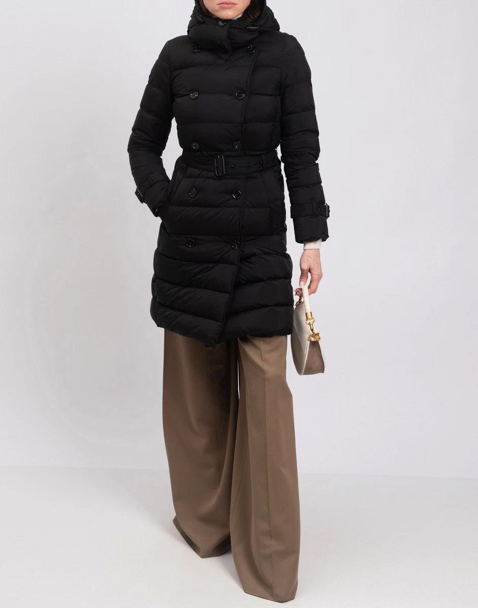 PVP €1289 BURBERRY Abrigo Acolchado de Plumón Talla S Negro Cinturón Capucha Desmontable
