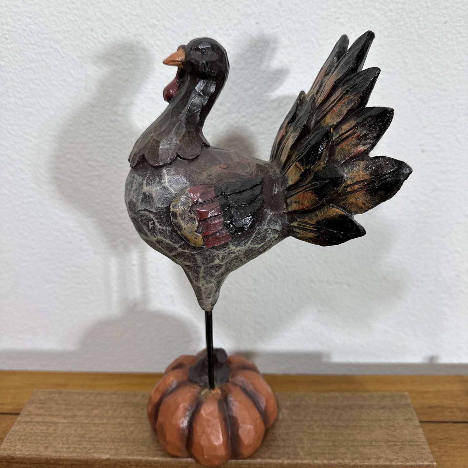 Fall Turkey Figurine on Pumpkin 10”Thanksgiving Autumn Harvest Decor