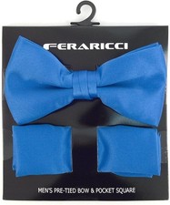 Cobalt Blue Satin Bow Tie  Pocket Square Set Pre-Tied Formal
