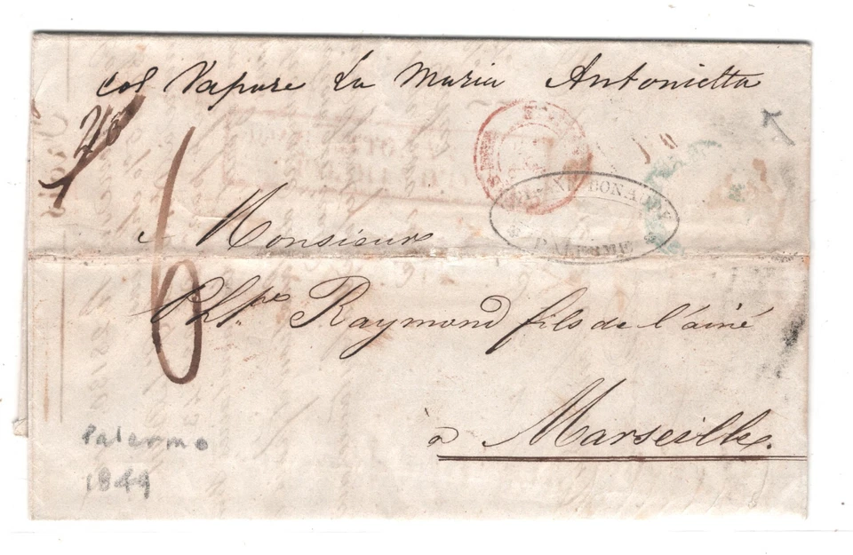 SICILY Cover 1849 Palermo LETTER Per SHIP *Marie Antoinette* Italy-France XG100 - Image 2 of 4