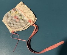 VTG Crochet Baby Bonnet Hat with Embroidery  Pink Ribbon