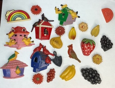 Vintage Estate Find Plastic Fridge Magnets Lot 22 Birds Flowers Fruits Veggies