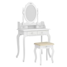 White Vanity Wood Makeup Dressing Table Stool Set with Mirror  4 Storage Drawer