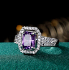 2.13ct Emerald Cut Lab Created Amethyst Halo Engagement Women's Ring 925 Silver