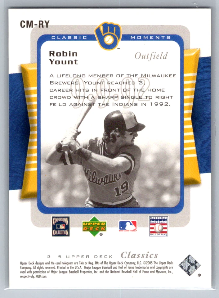 2005 Upper Deck Classics #CM-RY Robin Yount Classic Moments #/1999 Brewers - Image 2 of 2