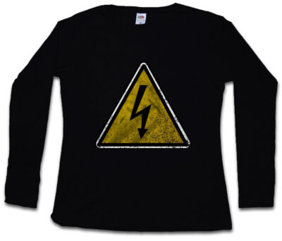 CAUTION HIGH VOLTAGE LOGO SIGN DAMEN LANGARM T-SHIRT AC/DC Hochspannung
