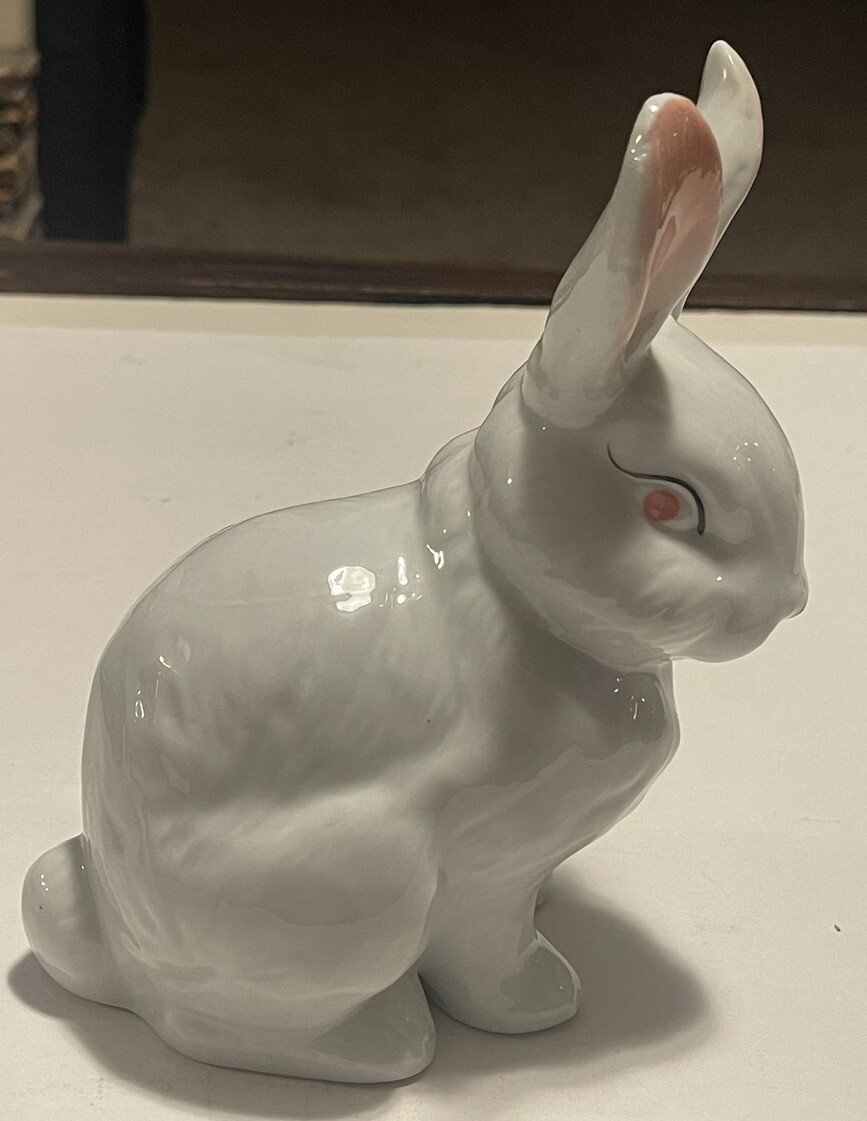 Vintage MCM Glazed Ceramic Bunny Rabbit Figurine, 7” Tall