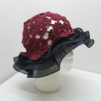 Black Lace Brim Maroon Red Crochet Hat Ruffle Cloche Sun Hat Lolita Summer