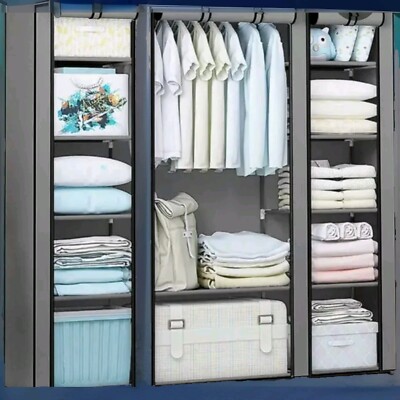 64'' Tragbarer Schrank Aufbewahrung Organizer Garderobe Kleiderständer mit Regalen Schwarz