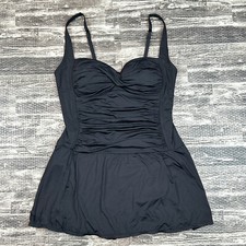 ROSE MARIE REID sz L Black One Piece Sweetheart Swim Skirt Dress Swimsuit Retro