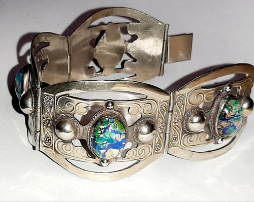 Vintage Taxco Handmade Sterling Silver Link Bracelet Dichroic Glass Size 7.5 in. - Picture 10 of 11