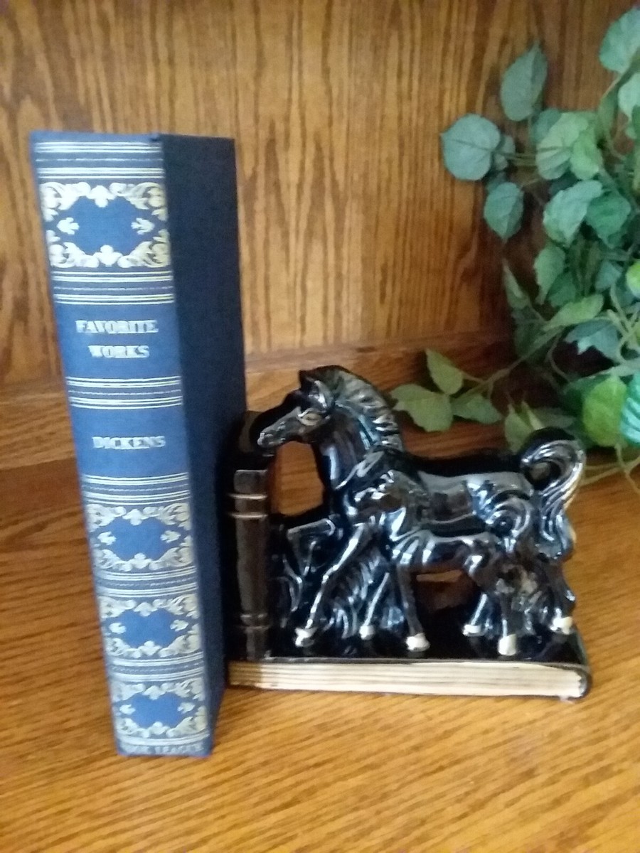 Vtg Horse & Foal Ceramic Bookend Black With Gold Accents SINGLE