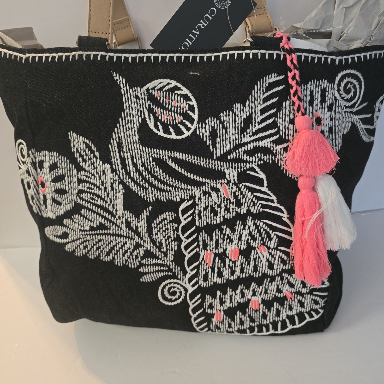 Embroidered Bird Cotton Denim Tote Bag for Summer Beach Boho Style-image