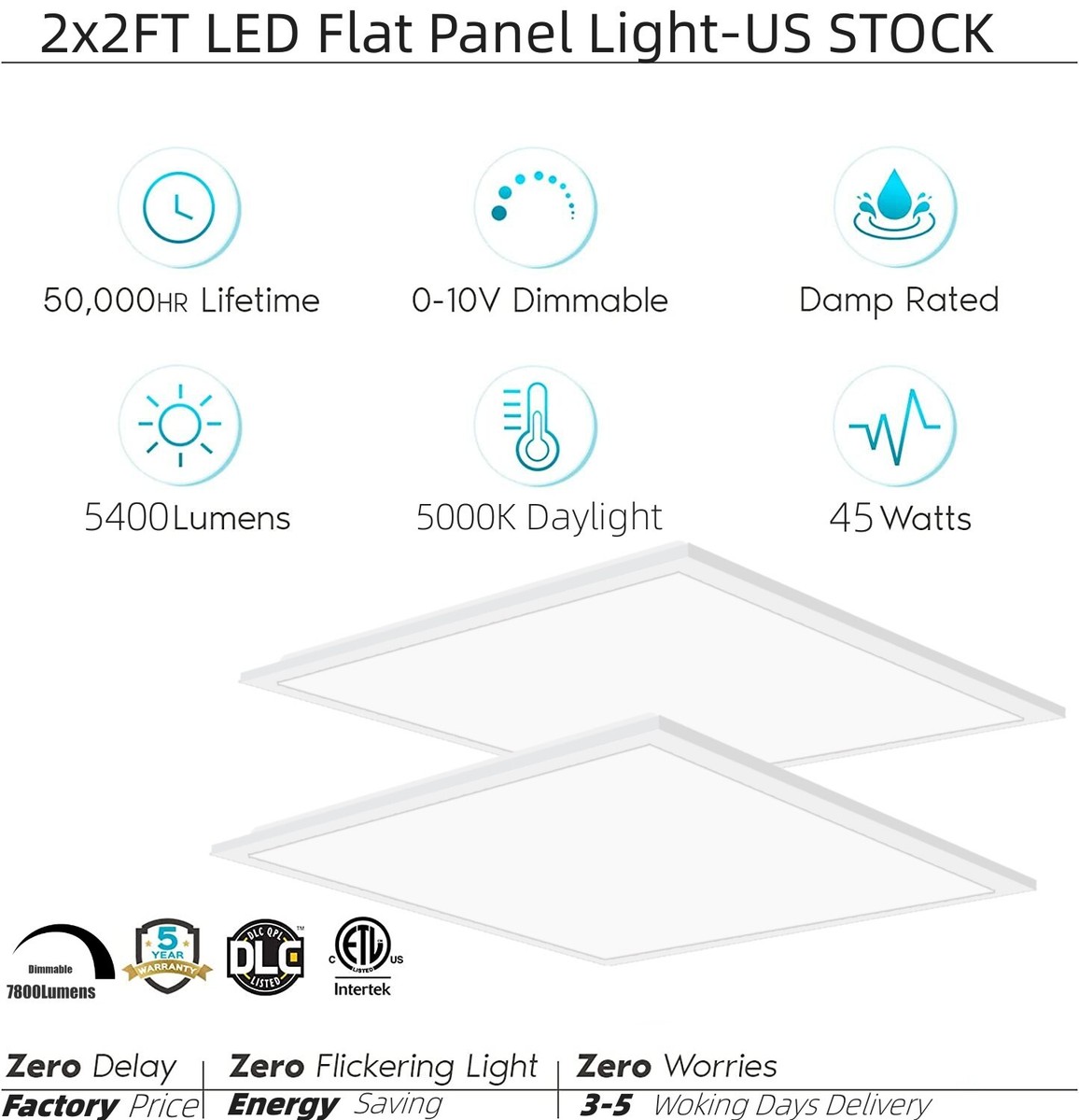 2 Pack 2x2 LED Flat Panel Light 45W 0-10V Dimmable Drop Ceiling
