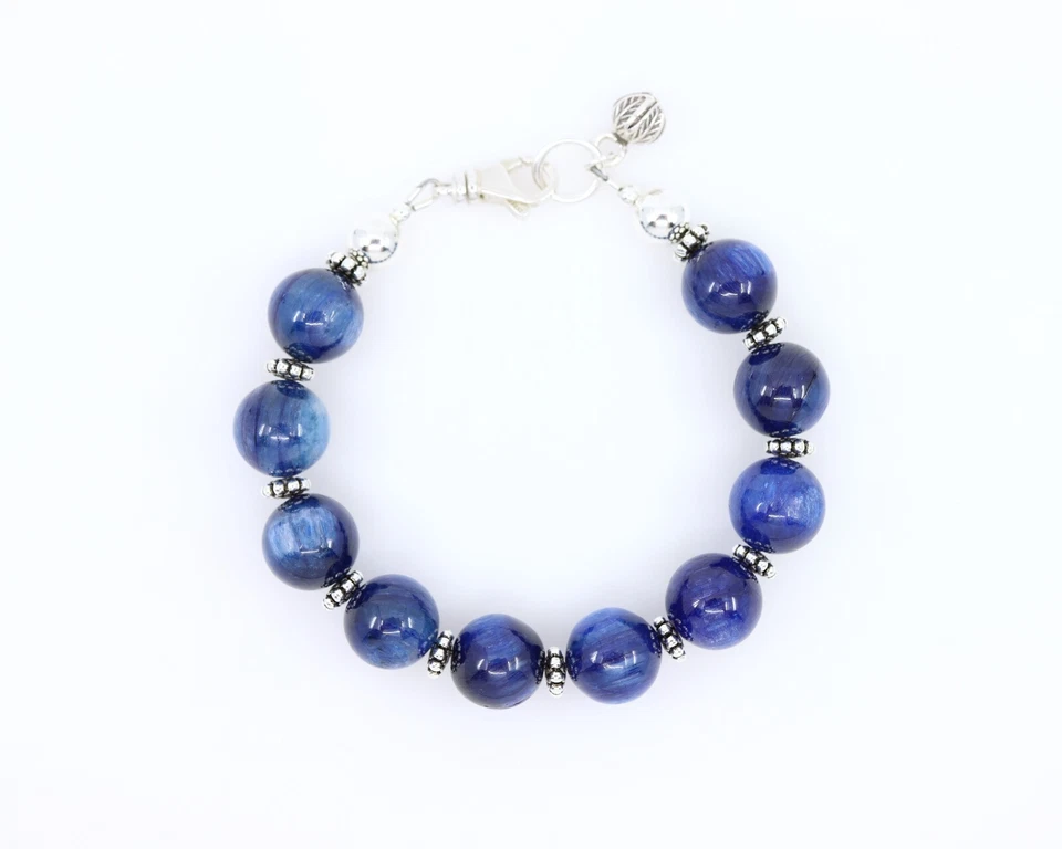 Huge 12mm Navy Blue Kyanite Statement Bracelet, Sterling Silver Gemstone Jewelry - Image 2 of 4