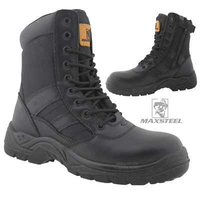 MAXSTEEL MENS LEATHER COMBAT BOOTS SAFETY STEEL TOE CAP ARMY WORK ANKLE BIKER SHOES
