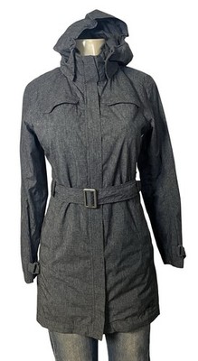 REI Coat Womens XS Gray Belted Hooded Rain Trench Mid Length Outdoor Travel