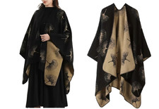 Elegant Ladies Reversible Polyester Shawl/Cape 70.68" X 27.55" Black / Tan