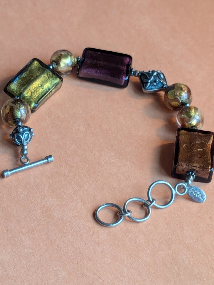 Signed Lucky Clover Sterling Silver & Glass Beads Toggle Bracelet - Image 3 of 4