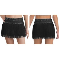 Girl Tassel Dance Skirt Rhinestone Mini Layered Fringe Latin Ballroom Jazz Rumba
