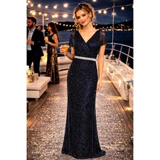 Mac Duggal Beaded Butterfly Sleeve Column Gown - Midnight - size 8
