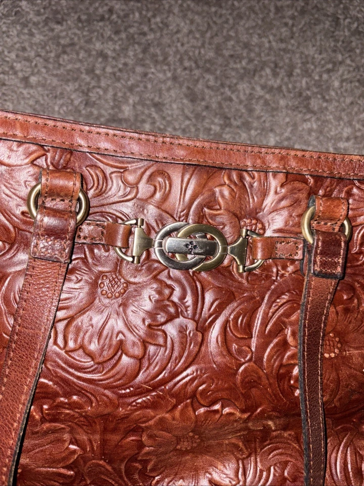 Patricia Nash Poppy Signature Map Purse Satchel Brown Leather Shoulder Bag Tote - Image 3 of 4