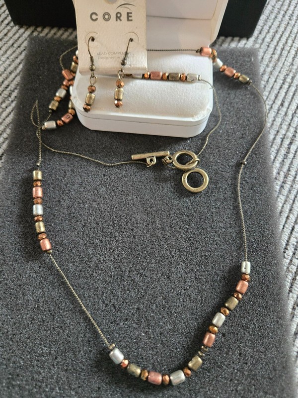 Vintage Tri Color Metal Beaded Necklace with Earrings