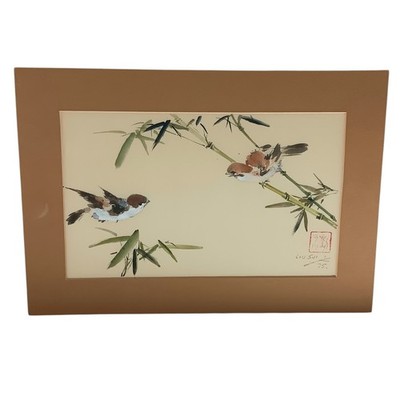VTG Original Chinese Painting on Silk Sparrow Birds On Bamboo Signed Liu Sui '75