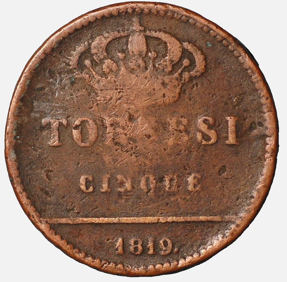 Italian States NAPLES 5 Tornesi 1819 Ferdinando I KM# 289 - Image 2 of 2