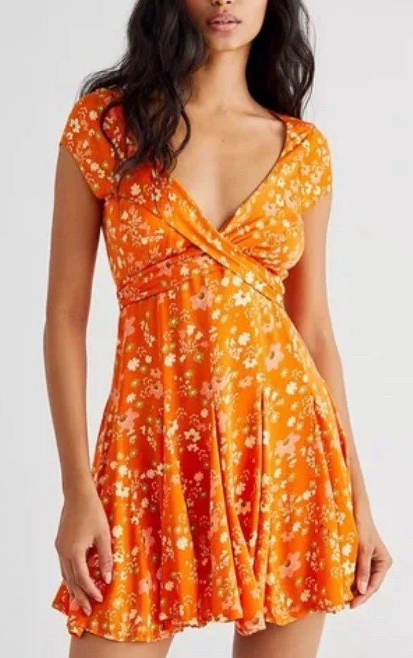 Free People It Takes Two Wrap Mini Dress Peach Orange Floral Print Small