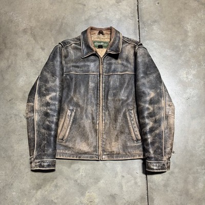 Vintage Eddie Bauer Faded Leather Jacket Med Brown Bomber Distressed Worn Biker