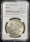 1921 Philadelphia Morgan Silver Dollar $1 NGC MS62 #082