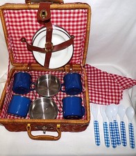 VTG Wicker Picnic Basket Red Blue White Enamel Dishes Checkerboard Tablecloth