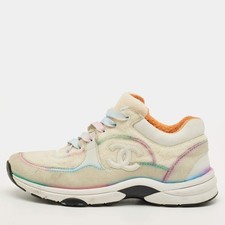 Chanel Interlocking CC Size 37 GreyPink Suede and Tweed Low Top Sneakers