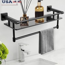 Tempered Glass Wall Mount Shelf W/ Rustproof Towel Bar Bathroom Kitchen Storage
