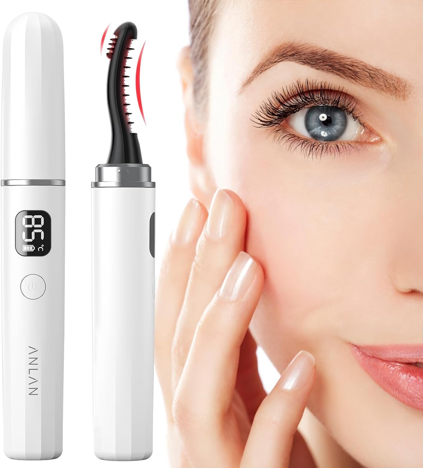 Rizador de pestañas con calentamiento rápido, rizador de pestañas ANLAN con peine antiescaldaduras, más largo-último