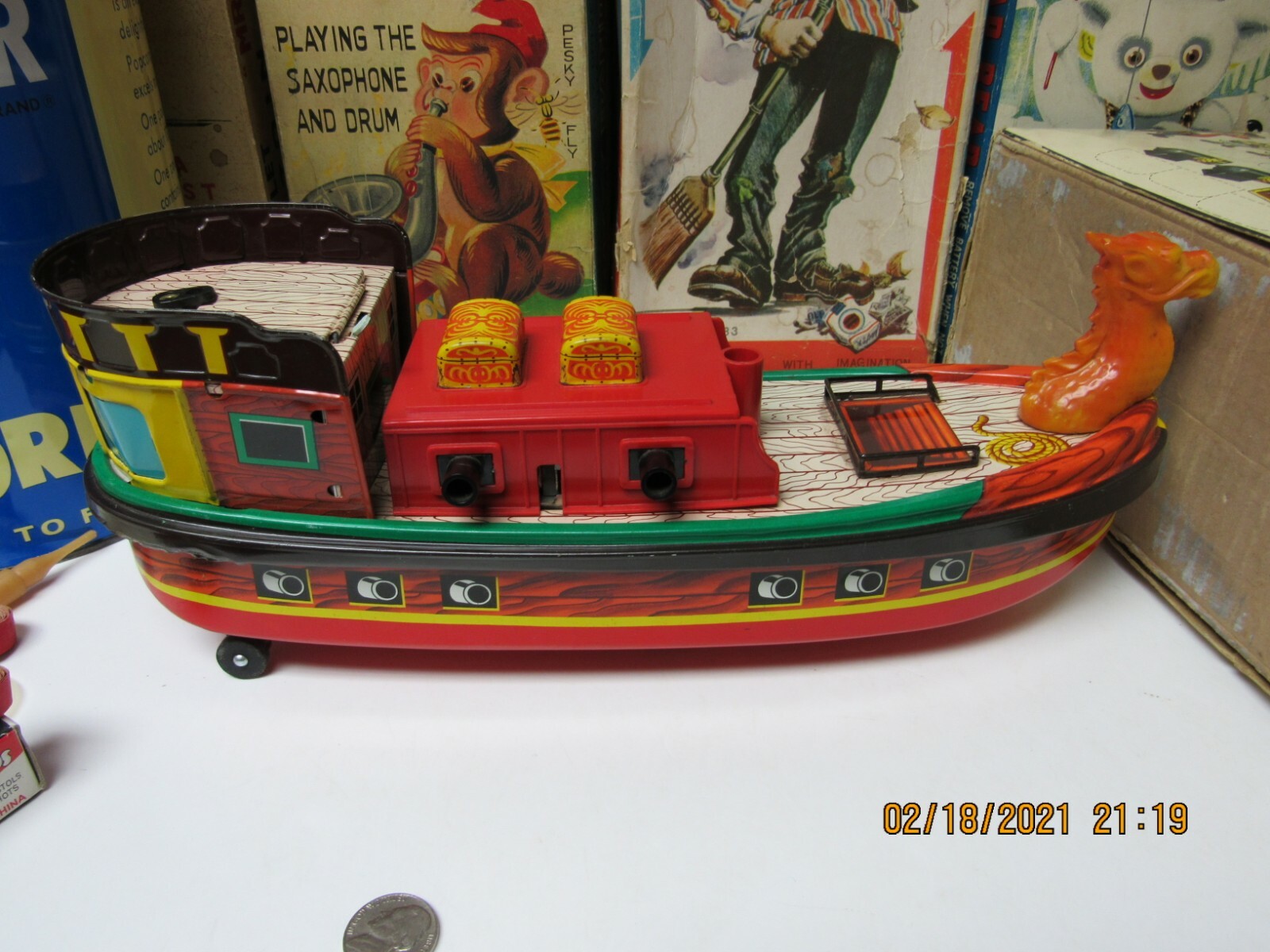 CAPTAIN KIDD PIRATE SHIP TIN BATTERY OPERATED IN BOX W/ INSERTS WORKS JAPAN 50s 