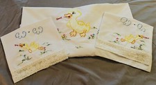 Vintage Nursery Crib Sheet Set Embroidered Duckling Flowers